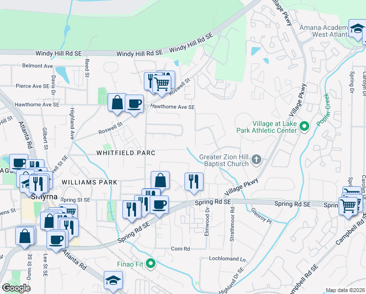 map of restaurants, bars, coffee shops, grocery stores, and more near 1531 Springleaf Cove Southeast in Smyrna