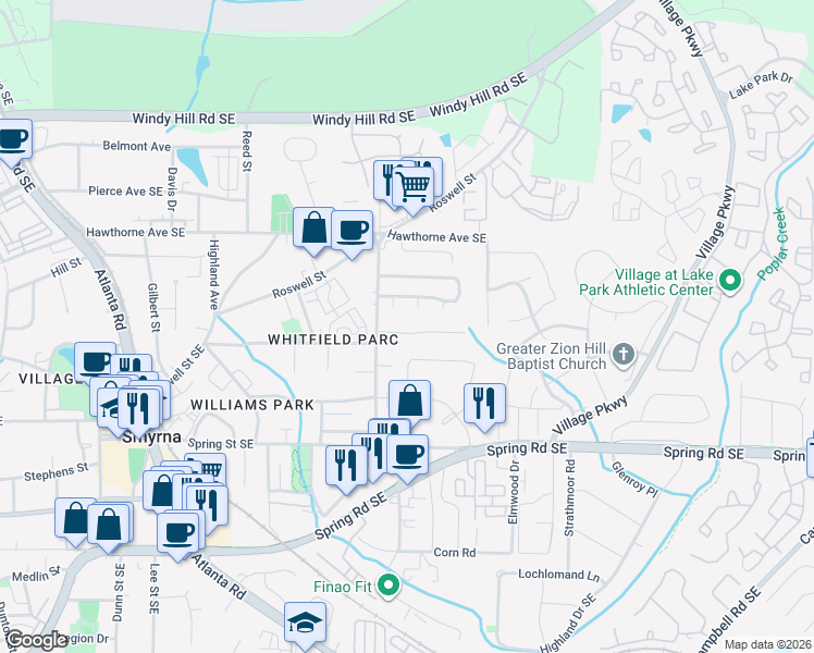 map of restaurants, bars, coffee shops, grocery stores, and more near 1551 Springleaf Court Southeast in Smyrna