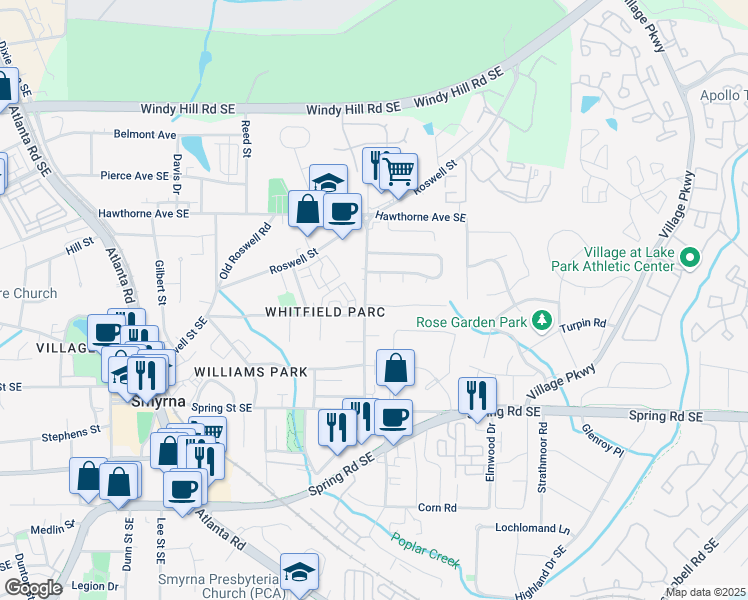 map of restaurants, bars, coffee shops, grocery stores, and more near 1657 Wynndowne Trail in Smyrna