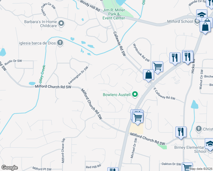 map of restaurants, bars, coffee shops, grocery stores, and more near 1351 Windage Court Southwest in Marietta