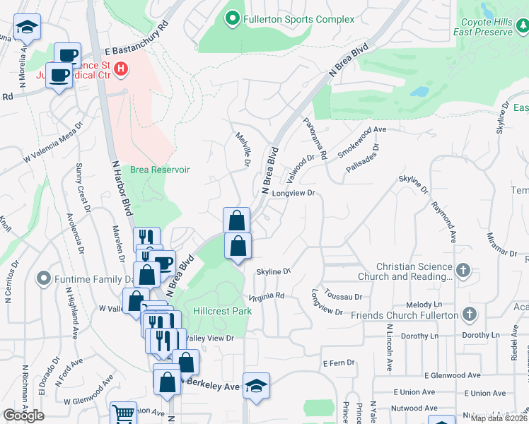 map of restaurants, bars, coffee shops, grocery stores, and more near 505 Shade Tree Lane in Fullerton