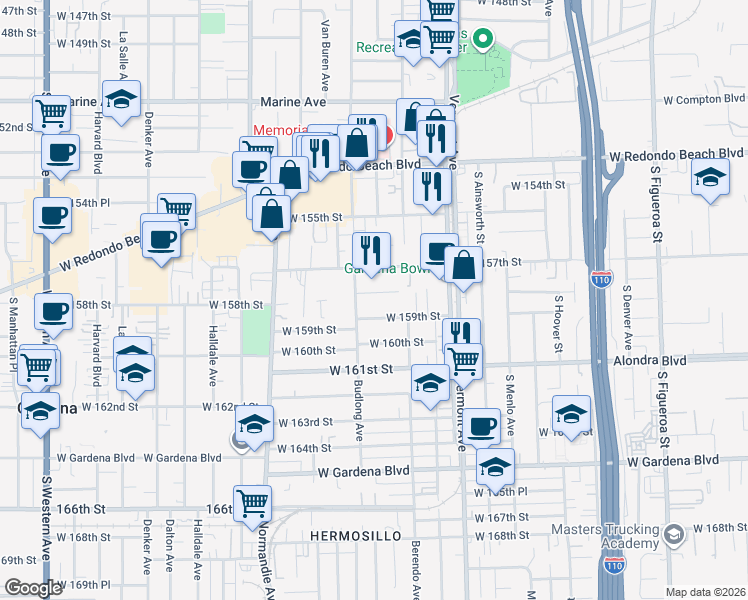 map of restaurants, bars, coffee shops, grocery stores, and more near 1134 West 158th Street in Gardena