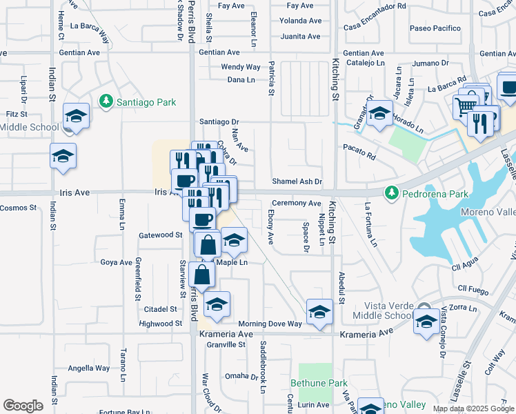 map of restaurants, bars, coffee shops, grocery stores, and more near 25192 Harmony Avenue in Moreno Valley