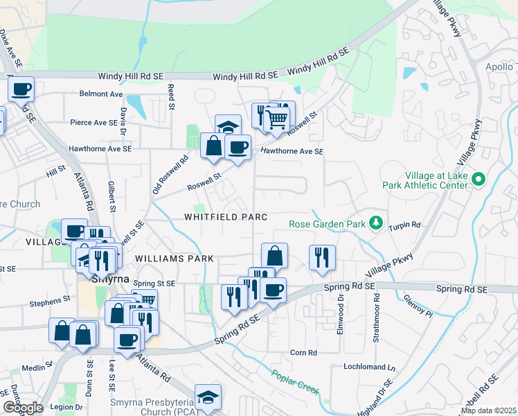 map of restaurants, bars, coffee shops, grocery stores, and more near 1657 Wynndowne Trail in Smyrna
