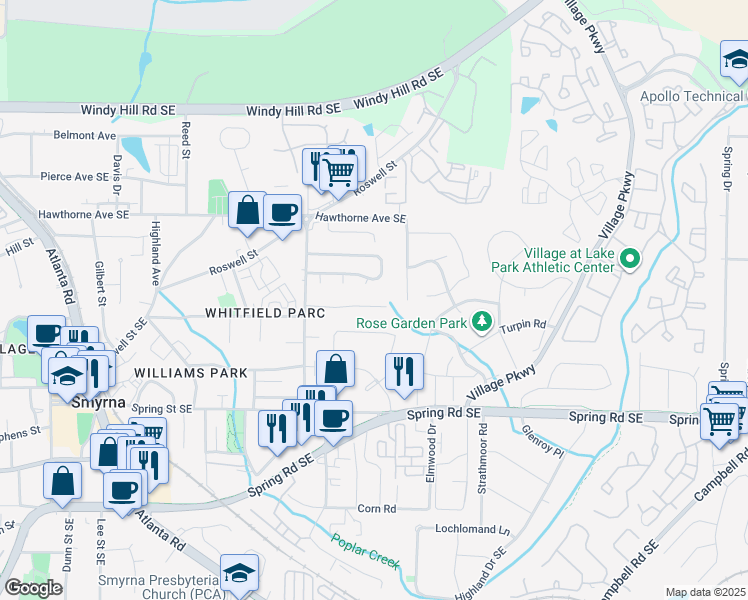 map of restaurants, bars, coffee shops, grocery stores, and more near 1531 Springleaf Cove Southeast in Smyrna