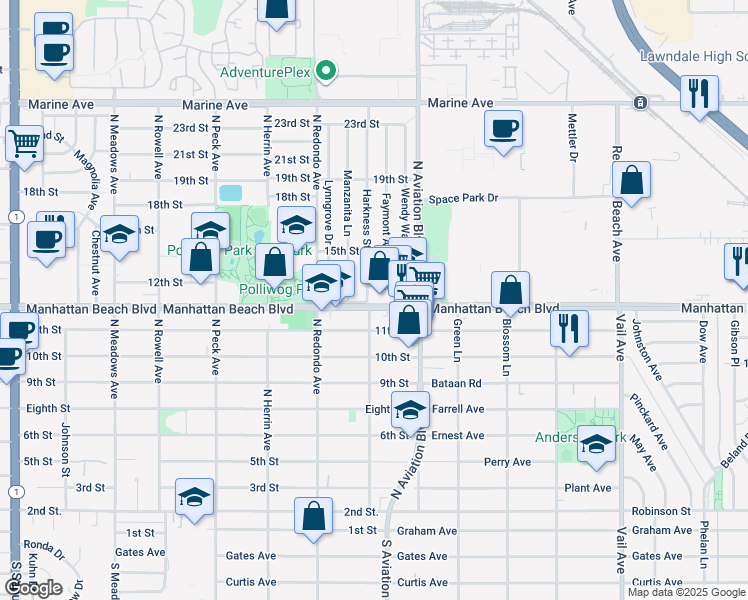 map of restaurants, bars, coffee shops, grocery stores, and more near 1803 Manhattan Beach Boulevard in Manhattan Beach