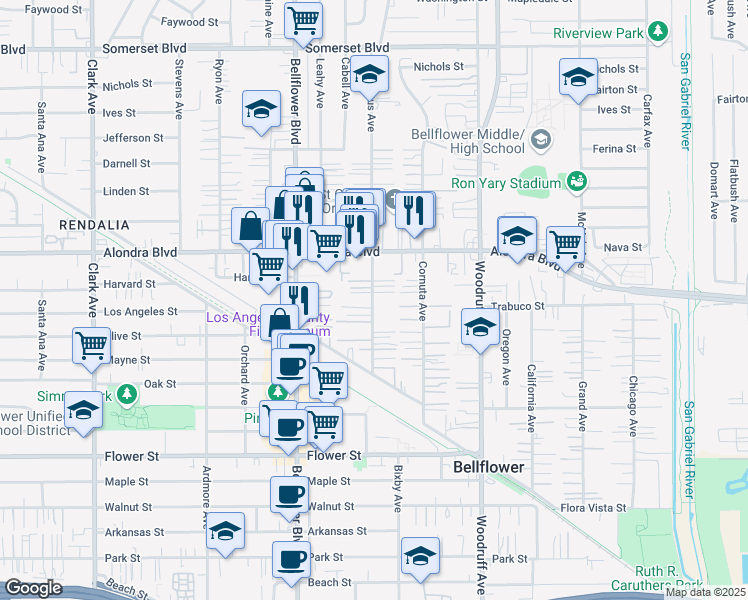 map of restaurants, bars, coffee shops, grocery stores, and more near 16134 Eucalyptus Avenue in Bellflower