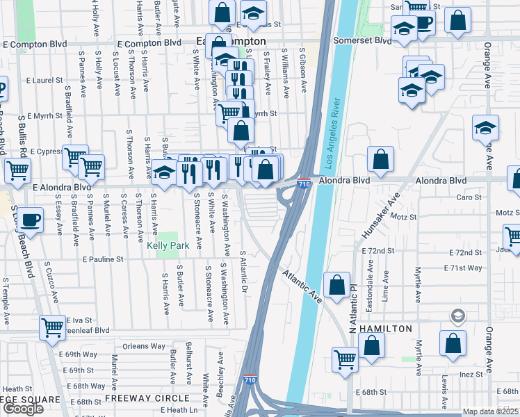 map of restaurants, bars, coffee shops, grocery stores, and more near 16002 Atlantic Avenue in Compton