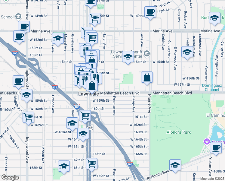 map of restaurants, bars, coffee shops, grocery stores, and more near 4207 Manhattan Beach Boulevard in Lawndale