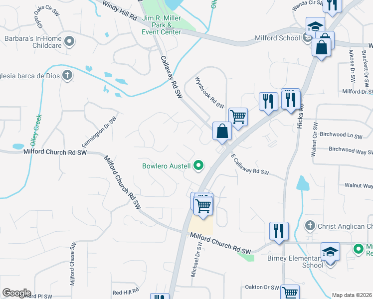 map of restaurants, bars, coffee shops, grocery stores, and more near 2708 Waymar Drive Southwest in Marietta