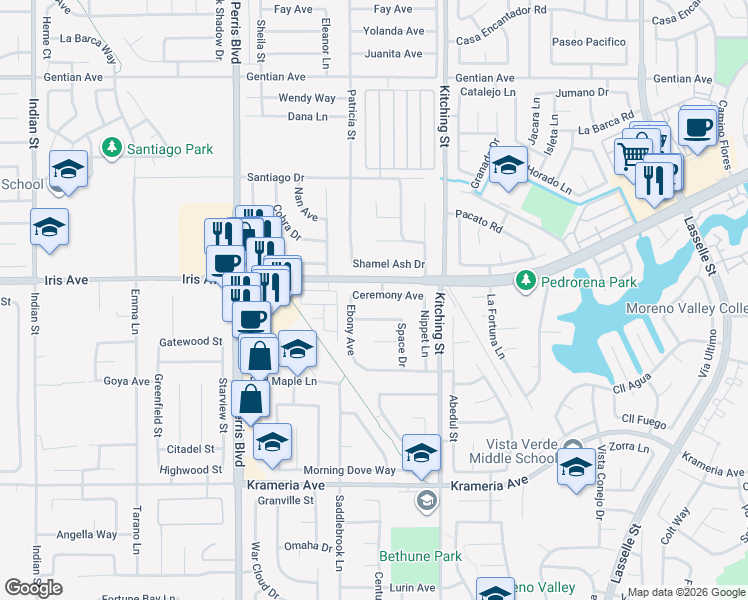 map of restaurants, bars, coffee shops, grocery stores, and more near 25343 Ceremony Avenue in Moreno Valley