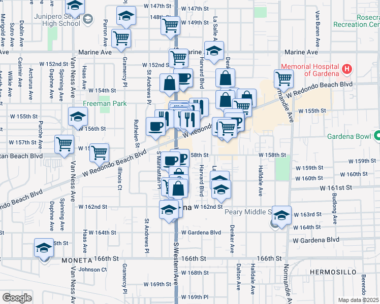 map of restaurants, bars, coffee shops, grocery stores, and more near 1727 West 158th Street in Gardena