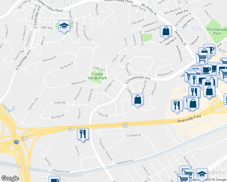 map of restaurants, bars, coffee shops, grocery stores, and more near Clinton Circle in Corona
