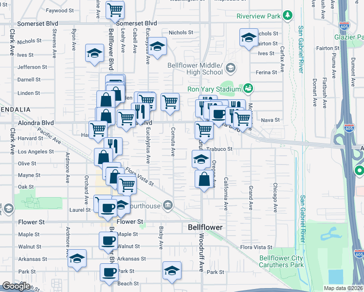 map of restaurants, bars, coffee shops, grocery stores, and more near 16126 Cornuta Avenue in Bellflower
