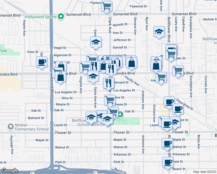 map of restaurants, bars, coffee shops, grocery stores, and more near 15945 Clark Avenue in Bellflower
