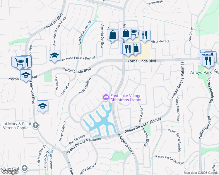 map of restaurants, bars, coffee shops, grocery stores, and more near 5095 Vía Donaldo in Yorba Linda
