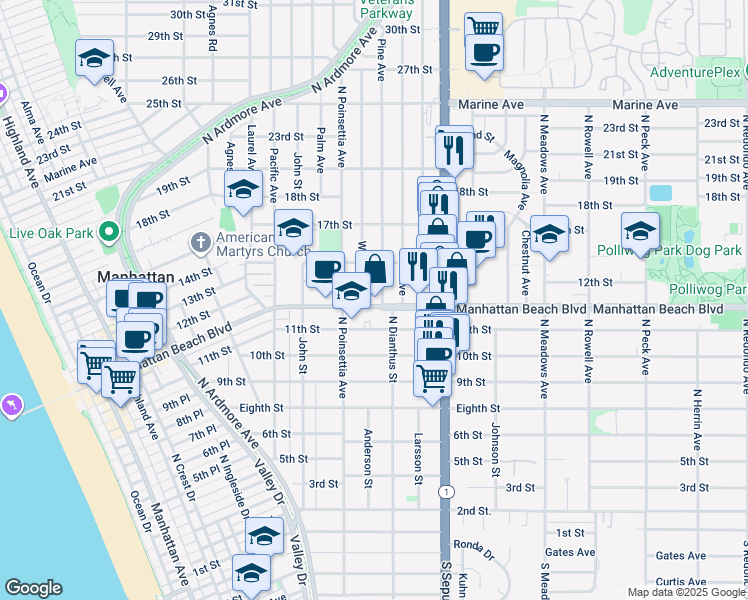 map of restaurants, bars, coffee shops, grocery stores, and more near 1148 Walnut Avenue in Manhattan Beach