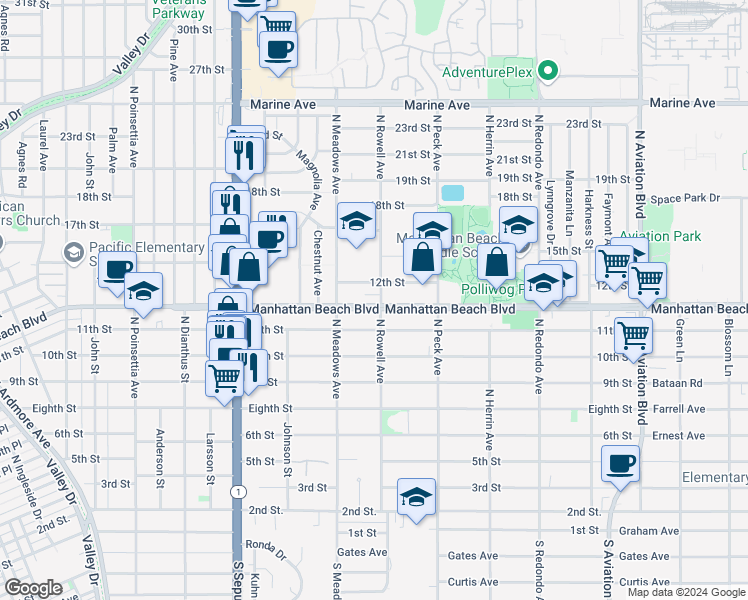 map of restaurants, bars, coffee shops, grocery stores, and more near 1345 Manhattan Beach Boulevard in Manhattan Beach