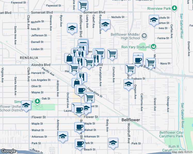 map of restaurants, bars, coffee shops, grocery stores, and more near 16131 Eucalyptus Avenue in Bellflower