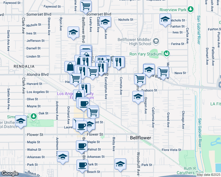 map of restaurants, bars, coffee shops, grocery stores, and more near 16130 Eucalyptus Avenue in Bellflower