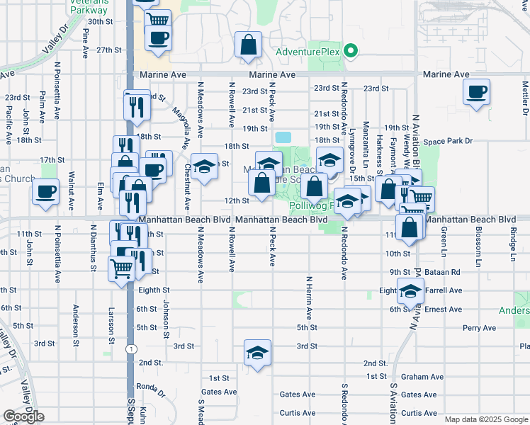 map of restaurants, bars, coffee shops, grocery stores, and more near 1151 North Peck Avenue in Manhattan Beach