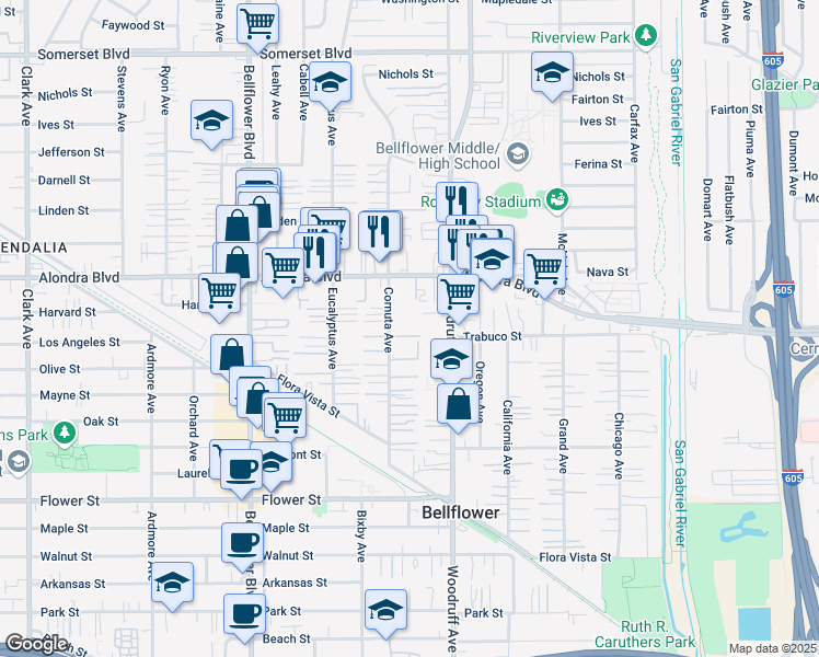 map of restaurants, bars, coffee shops, grocery stores, and more near 16126 Cornuta Avenue in Bellflower