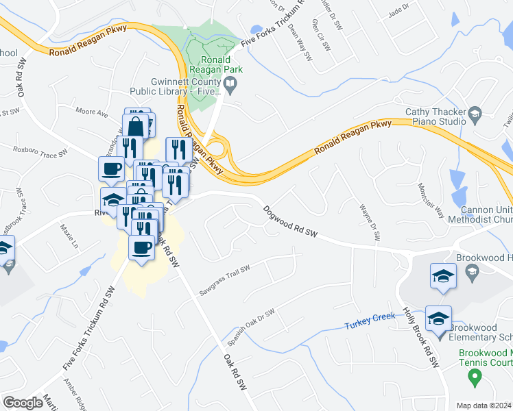 map of restaurants, bars, coffee shops, grocery stores, and more near 2745 Dominion Walk Lane in Snellville