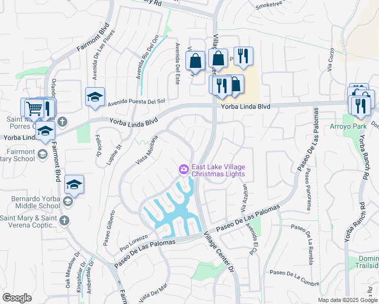 map of restaurants, bars, coffee shops, grocery stores, and more near 5034 Vista Montana in Yorba Linda