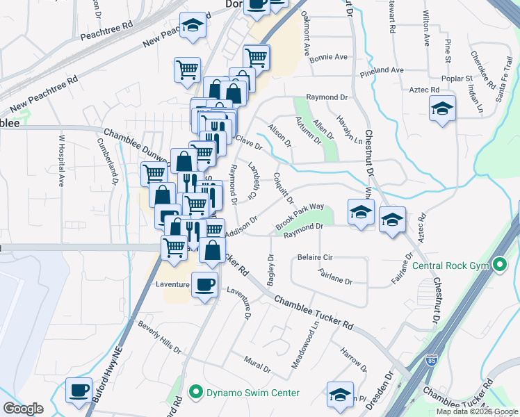 map of restaurants, bars, coffee shops, grocery stores, and more near 2594 Addison Drive in Doraville