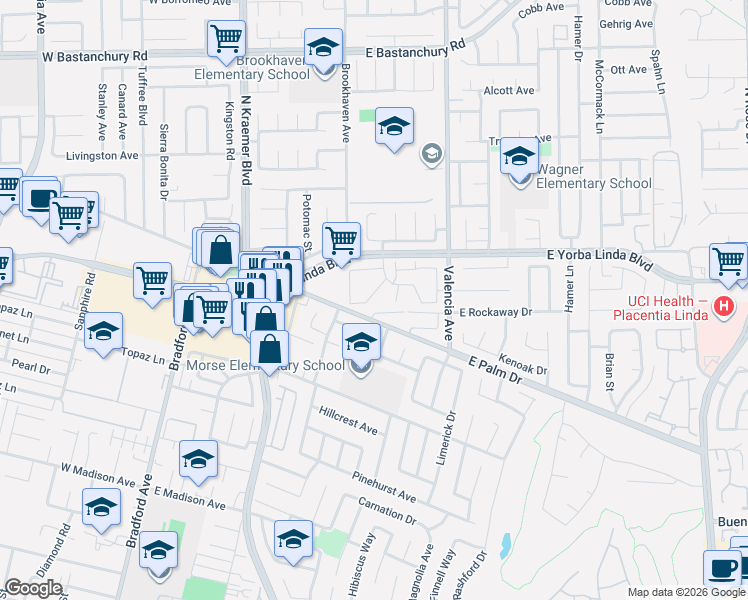 map of restaurants, bars, coffee shops, grocery stores, and more near 1435 Via Cortez in Placentia