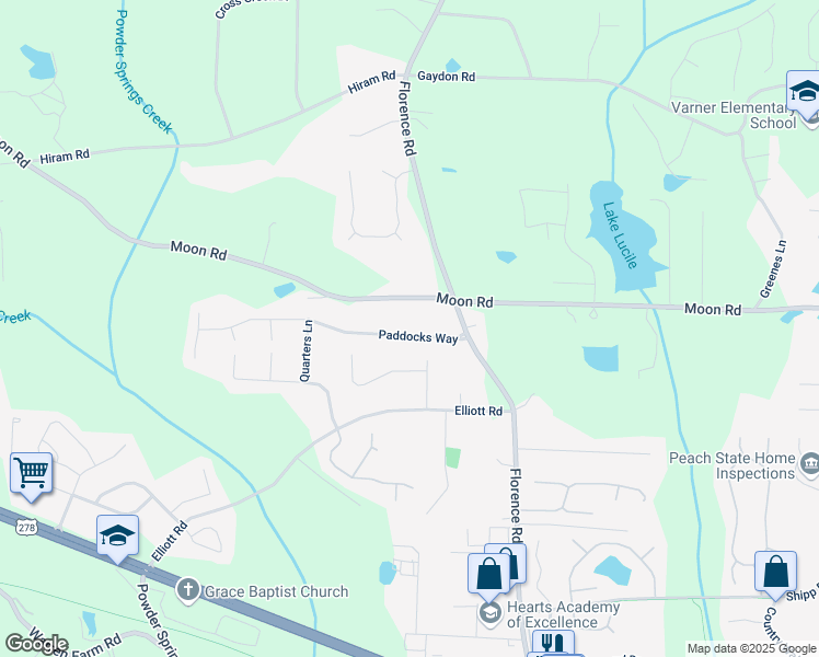 map of restaurants, bars, coffee shops, grocery stores, and more near 1120 Paddocks Way in Powder Springs