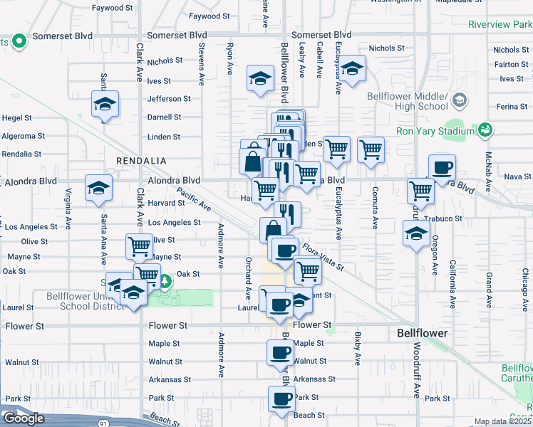 map of restaurants, bars, coffee shops, grocery stores, and more near 9718 Harvard Street in Bellflower