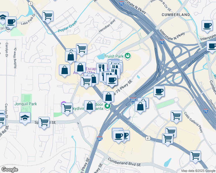 map of restaurants, bars, coffee shops, grocery stores, and more near 950 Battery Avenue Southeast in Atlanta