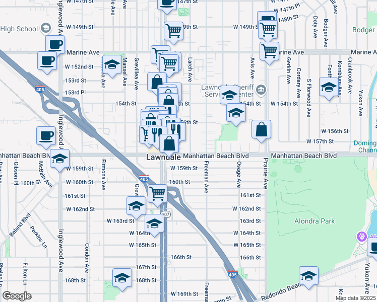map of restaurants, bars, coffee shops, grocery stores, and more near 15716 Larch Avenue in Lawndale