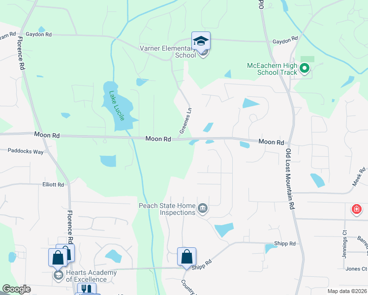 map of restaurants, bars, coffee shops, grocery stores, and more near 4829 Moon Road in Powder Springs