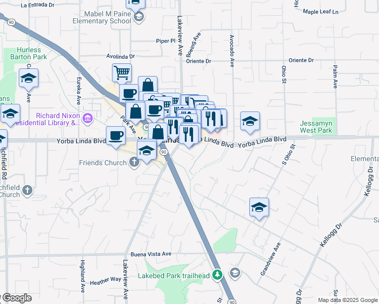 map of restaurants, bars, coffee shops, grocery stores, and more near 18548 Yorba Linda Boulevard in Yorba Linda