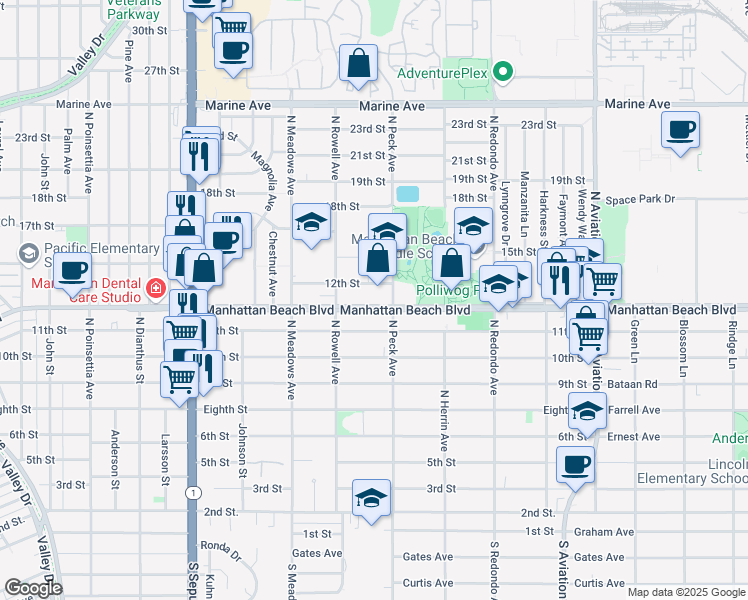 map of restaurants, bars, coffee shops, grocery stores, and more near 1447 Manhattan Beach Boulevard in Manhattan Beach