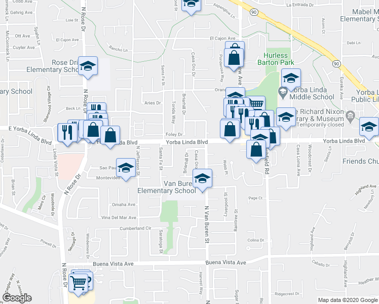 map of restaurants, bars, coffee shops, grocery stores, and more near 5042 Briarhill Drive in Yorba Linda