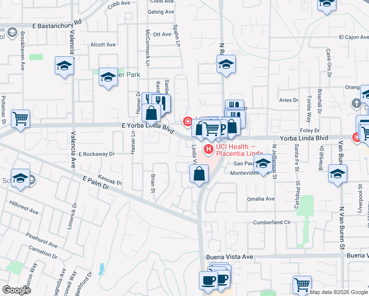 map of restaurants, bars, coffee shops, grocery stores, and more near 1050 Linda Vista Street in Yorba Linda