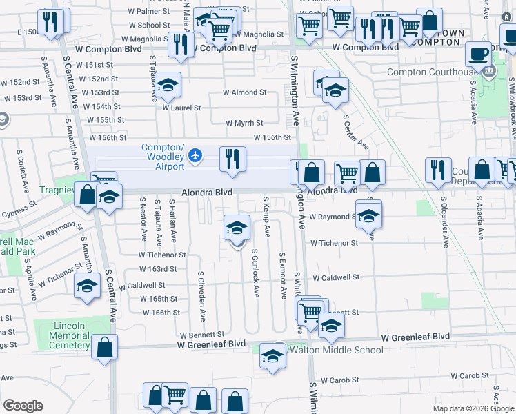 map of restaurants, bars, coffee shops, grocery stores, and more near 925 West Raymond Street in Compton