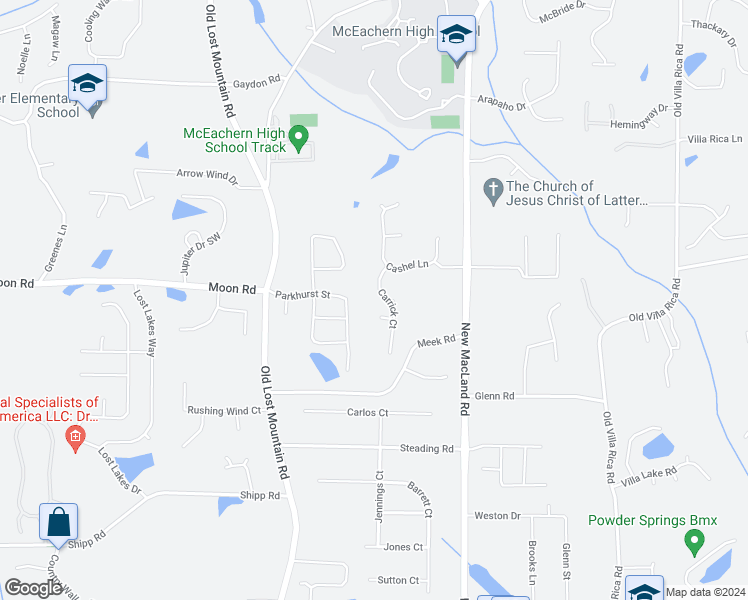 map of restaurants, bars, coffee shops, grocery stores, and more near 2744 Carrick Court in Powder Springs