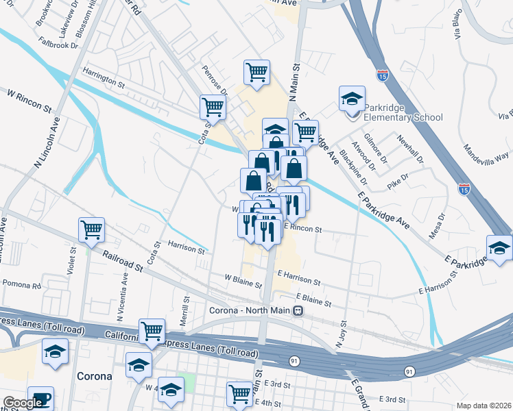 map of restaurants, bars, coffee shops, grocery stores, and more near 211 West Rincon Street in Corona