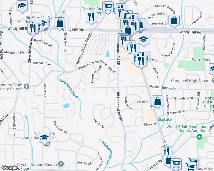 map of restaurants, bars, coffee shops, grocery stores, and more near 2690 Bent Hickory Drive in Smyrna