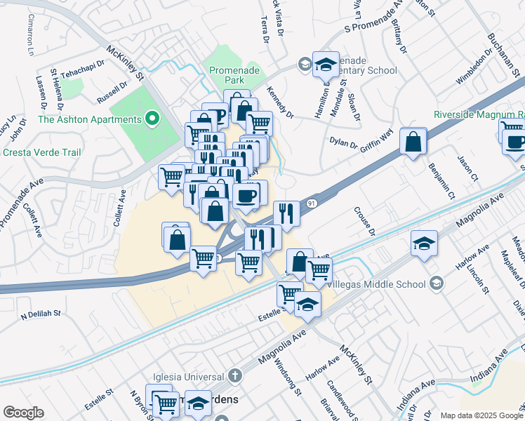 map of restaurants, bars, coffee shops, grocery stores, and more near 2266 Griffin Way in Corona