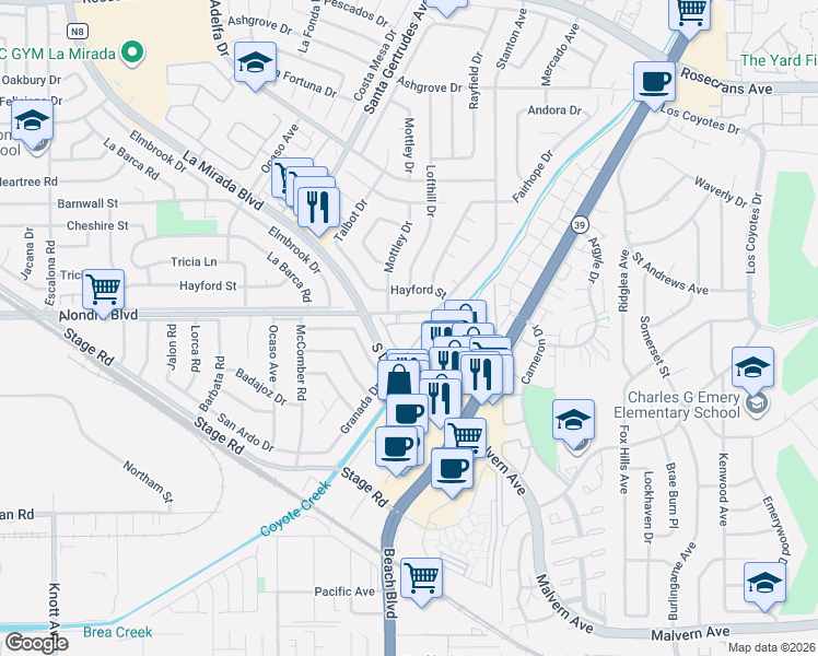 map of restaurants, bars, coffee shops, grocery stores, and more near 16 Frances Circle in Buena Park