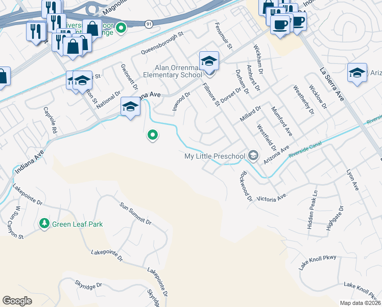 map of restaurants, bars, coffee shops, grocery stores, and more near 3170 Rainforest Drive in Riverside