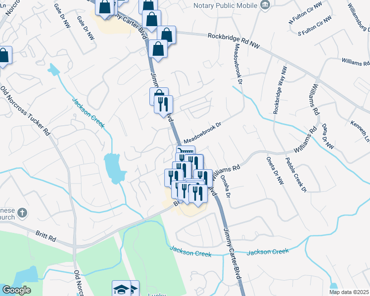 map of restaurants, bars, coffee shops, grocery stores, and more near 6192 Meadowbrook Drive in Norcross
