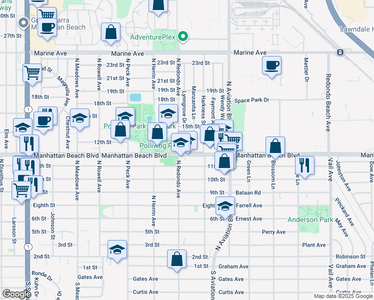 map of restaurants, bars, coffee shops, grocery stores, and more near 1150 Lynngrove Drive in Manhattan Beach