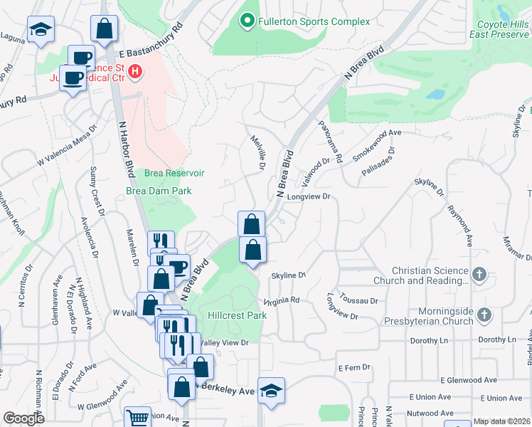 map of restaurants, bars, coffee shops, grocery stores, and more near 1653 North Brea Boulevard in Fullerton