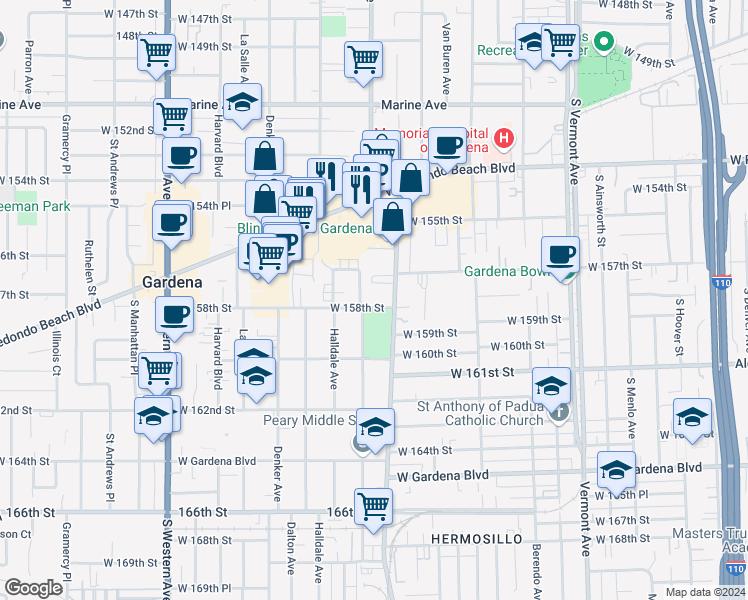 map of restaurants, bars, coffee shops, grocery stores, and more near 1423 West 158th Street in Gardena